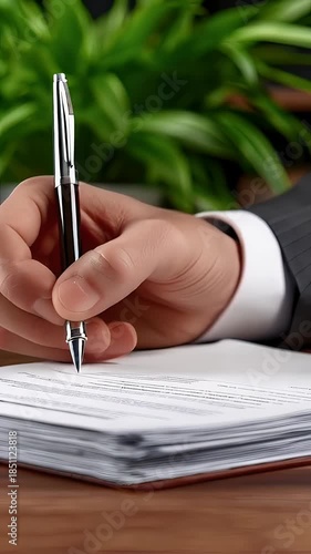 Person writing document with pen close up