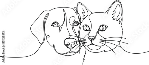 Minimalist single line drawing depicts the sweet friendship between a loyal dog and a curious cat side by side