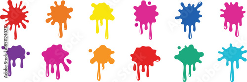 Collection of colorful paint splatters with dripping liquid