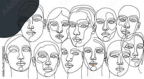 Minimalist continuous line art portrait grouping featuring diverse female faces in abstract modern style