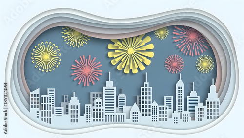 Paper Cut Style New Year City Illustration