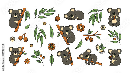 Cute koalas, eucalyptus leaves, and flowers pattern