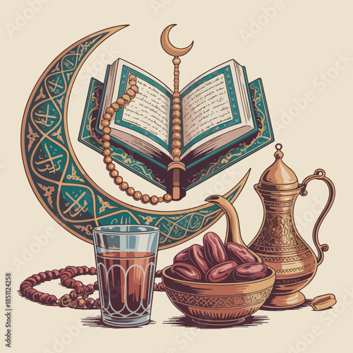 Ramadan kareem greeting with traditional islamic symbols and spiritual items