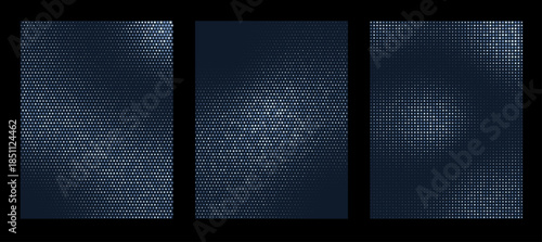 Glowing silver pixel glitter overlapping on dark blue background with copy space. Luxury shiny brilliant halftone pattern. Vector design template for festive invitation, Christmas Card, New year banne