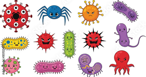 Cartoon microbes, viruses, and bacteria characters with diverse shapes and expressions for educational, biological, health, and vector design content.