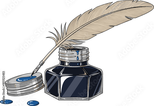 Vintage ink bottle with feather quill pen and blue ink drops, classic writing tool for literature, calligraphy, and vector design.