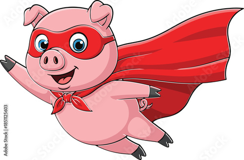 Cartoon superhero pig flying with red cape and mask, cheerful animal character for children’s vector design, fun and playful concept.