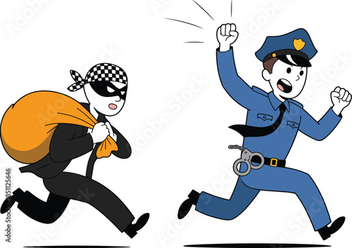 Cartoon police officer chasing masked thief with stolen bag, crime prevention, law enforcement, justice action scene for vector illustration design.