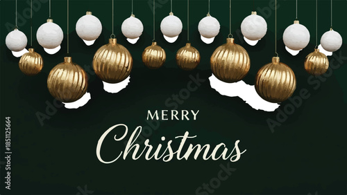 Luxurious Dark Green Merry Christmas Greeting Banner with Hanging 3D Gold and White Ornaments