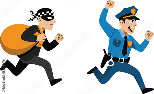 Cartoon police officer chasing thief with stolen bag, crime prevention concept, law enforcement action scene for vector illustration design.