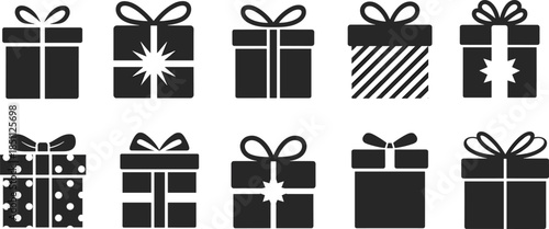Collection of ten black and white gift box icons with ribbons, patterns, festive shapes for holiday, celebration, and packaging design.