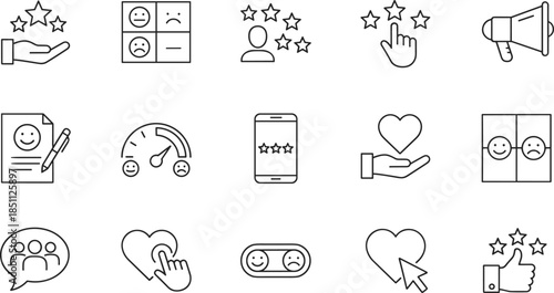 Customer feedback icon set featuring star ratings, satisfaction surveys, user reviews, testimonials, emotional sentiment analysis, marketing reputation, and service experience quality.