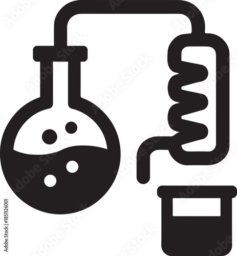 Thick distillation apparatus with connected tubes, bold lab equipment icon, clean EPS vector for chemistry design
