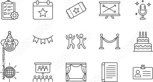 Comprehensive set of event planning icons including party celebrations, corporate seminars, live performance entertainment, hospitality services, birthday occasions, and professional coordination.