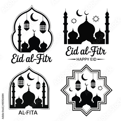Print Elegant black silhouette design for eid al-fitr celebration featuring a mosque and festive lanterns