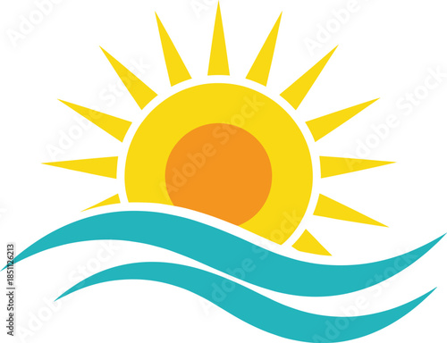 Sun and ocean waves logo vector illustration with bright sunrise design in flat style for summer travel beach resort and environmental branding projects