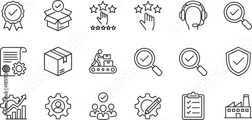 Industrial logistics icon set featuring quality assurance, production line management, customer support, shipping boxes, technical settings, business growth, and certification.