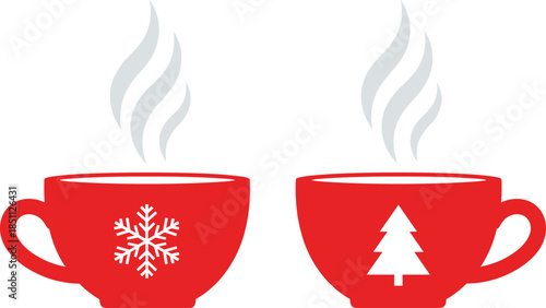 Christmas winter hot drink cups vector illustration with steam snowflake and tree symbols in flat style isolated on white for holiday seasonal designs