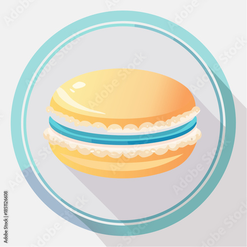 Delicate French Macaron Icon with Soft Blue and Yellow Hues - A Sweet Confectionery Treat