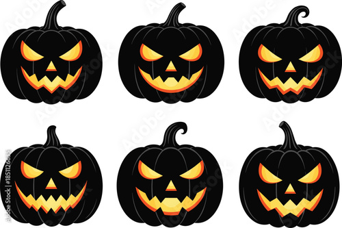 Scary black Halloween pumpkin jack o lantern faces set vector illustration with glowing eyes in flat cartoon style for spooky holiday designs
