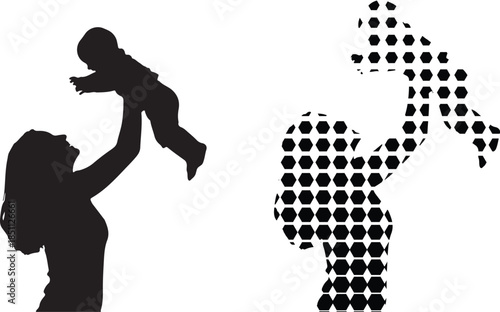 Mother lifting child silhouette icon with a child being held up by a parent