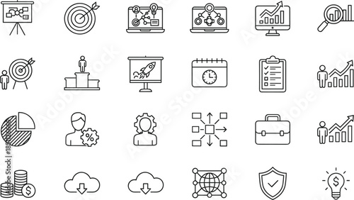Business performance icon set featuring success targets, financial growth charts, strategic planning, cloud data storage, leadership goals, professional productivity tools.