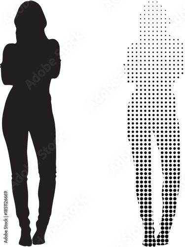 Silhouette and dotted illustration of a woman standing with arms crossed