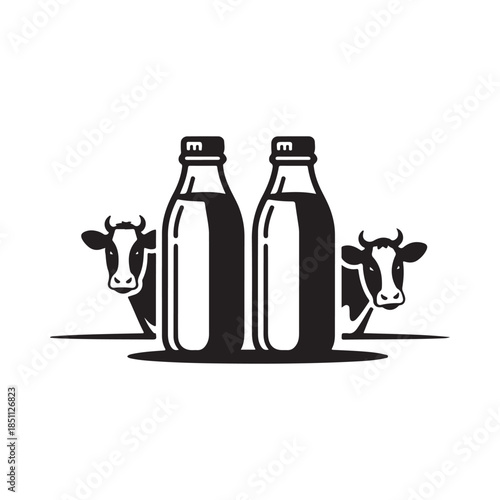 Fresh milk bottles with cow heads a simple classic dairy illustration
