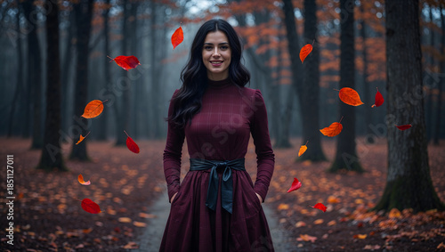 Woman standing forest long burgundy dress plaid black leather belt smiling dark hair fallen leaves foggy mysterious autumn wonder generative AI