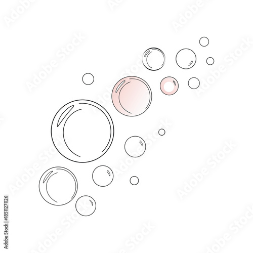 Pink and transparent bubbles flowing upwards on a clean white background illustration.