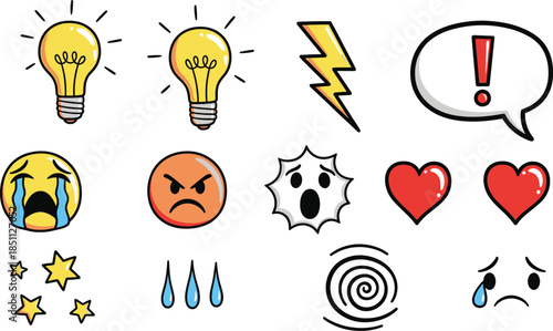 Collection of hand drawn cute cartoon characters with expressive faces representing various shapes and emotions on a white background