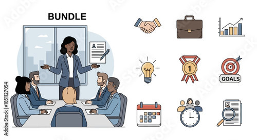 Illustration of a professional business meeting with a diverse team and a bundle of essential business icons for success.
