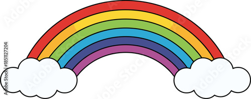 Colorful rainbow with clouds cartoon vector illustration in flat style isolated on white for kids designs weather graphics and cheerful decorative projects