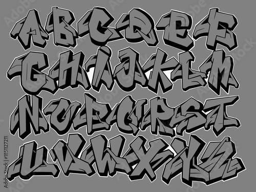 Cool wildstyle graffiti alphabet, alphabet illustration with Grey background graffiti style