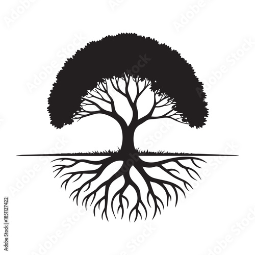 PrTree of Life Silhouette with Circular Roots and Lush Canopy Isolated on White Backgroundint