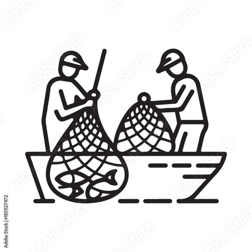 Two fishermen hauling a net filled with fish from a small boat