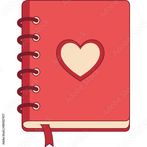Red Spiral-Bound Notebook with Heart Design on Cover and Ribbon Bookmark