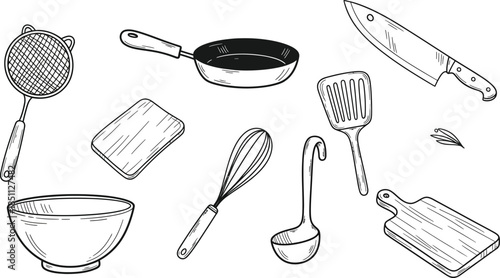 Black and White Line Art Assorted Kitchen Utensils, Coffee Maker, Teapots, Cookware, and Cups Illustration