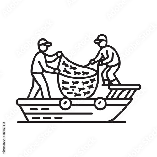 Two fishermen hauling a net filled with fish from a small boat