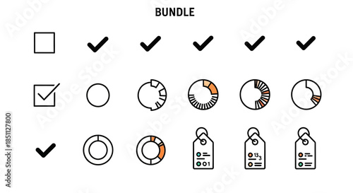 Bundle of various UI and data visualization icons including checkboxes, progress circles, and price tags for business applications.
