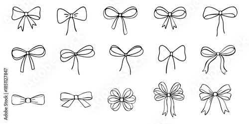 Minimal black line art bows and ribbon knots in various styles. Cute hand drawn decorative elements ideal for gifts, weddings, crafts, packaging, invitations, and feminine design projects.