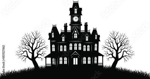 Haunted house silhouette, Halloween vector, spooky clipart, gothic building, black and white, eerie trees, horror illustration, scary night