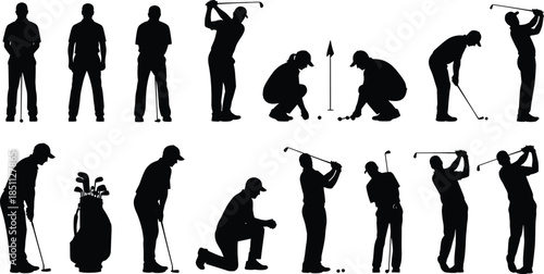 Golf silhouette illustration, golfer poses, sports vector, black and white, swing action, putting clipart, golf bag, athletic movement