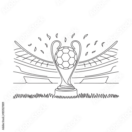 A detailed line drawing of a stadium with a champions league trophy