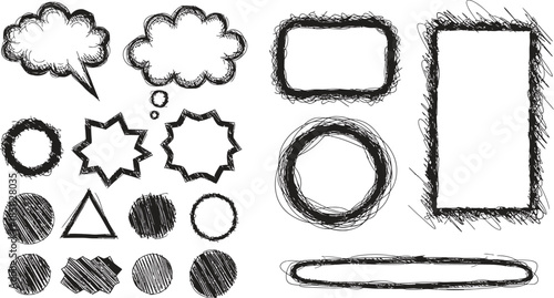 Collection of hand drawn sketchy square circle and irregular frames on white background doodle drawing