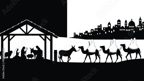 Nativity scene silhouette, Christmas illustration, holy family, Bethlehem cityscape, religious vector, black and white, biblical story, festive clipart