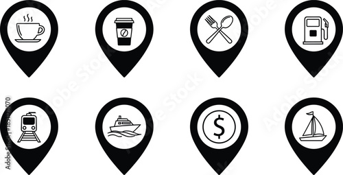 Location pin icons set vector illustration with cafe transport fuel food money and travel symbols in flat monochrome style for map navigation and app interface designs