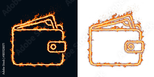 Wallet icon with burning flame outline represents global financial inflation or money loss during a bank crisis and bankruptcy risk with heat glow for economic disaster and debt increase