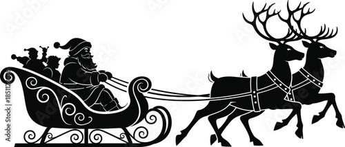 Santa sleigh silhouette, Christmas vector, festive clipart, reindeer motion, holiday illustration, black and white, seasonal artwork, gift delivery