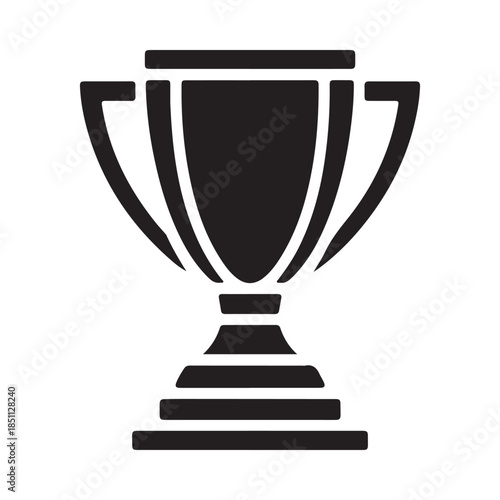 A simple black and white illustration of a classic trophy with handles